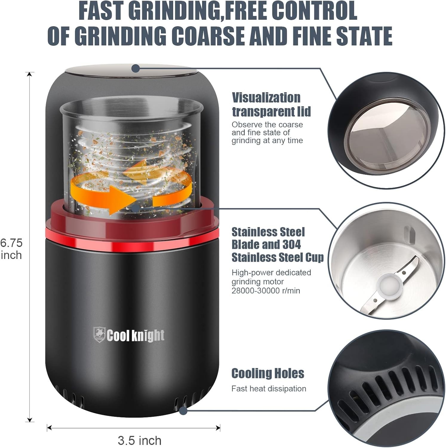 Large Capacity Electric Herb Grinder – 7.5″ Black