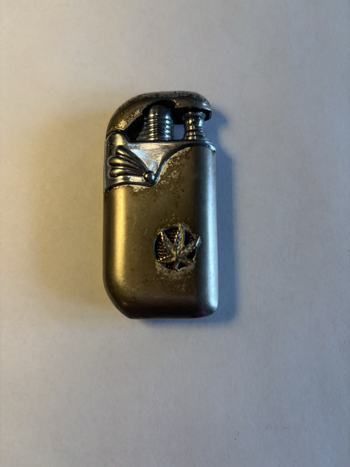 Vintage Butane Lighter Silver And Bronze With Cannabis Leaf Design. Refillable