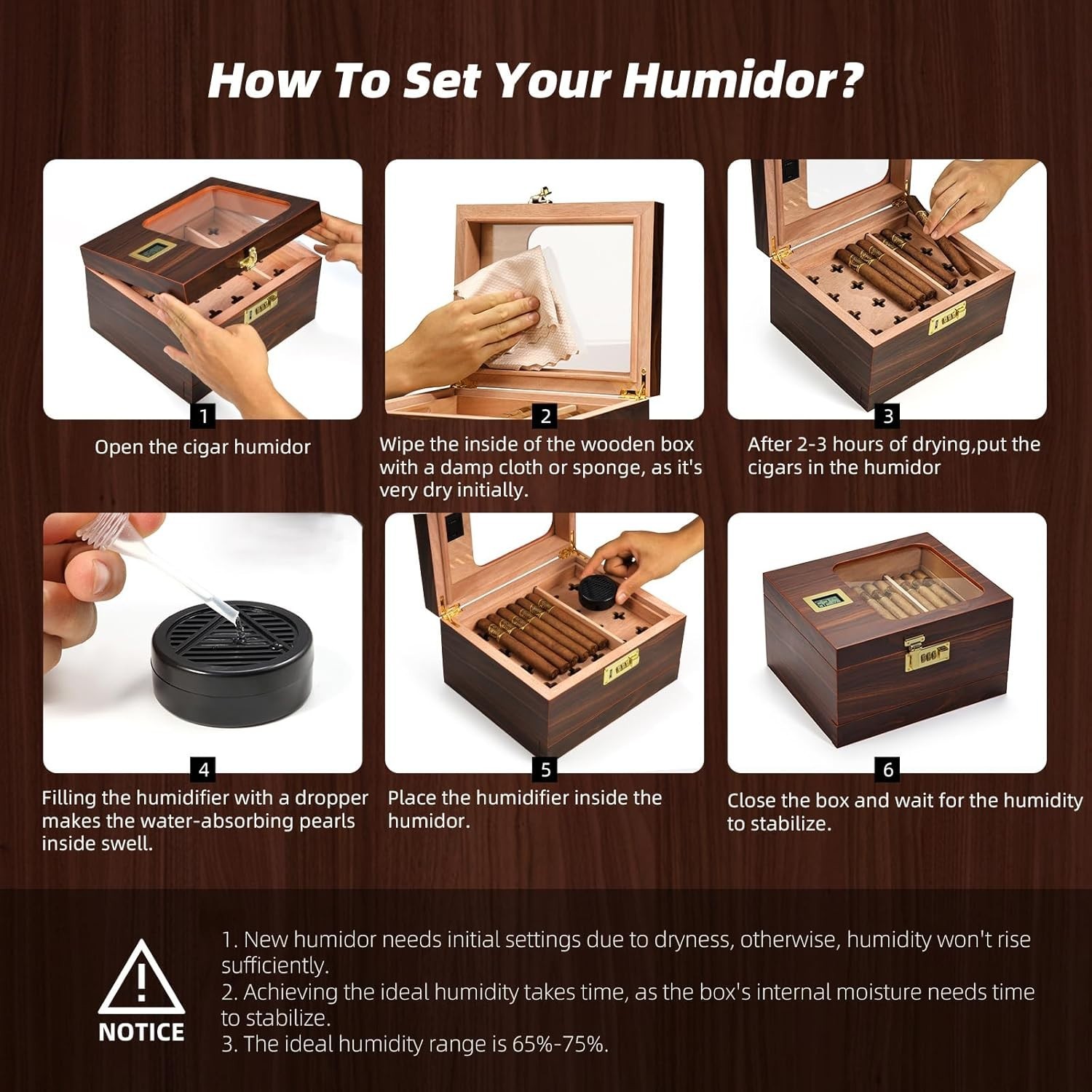 Cigar Humidor, Handcrafted Cedar Cigar Box, Glass Top Desktop Humidor with Digit