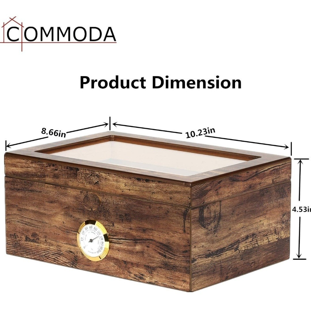 Commoda Desktop Cigar Humidor Hygrometer & Removable Slotted Wood Shelf/Tray