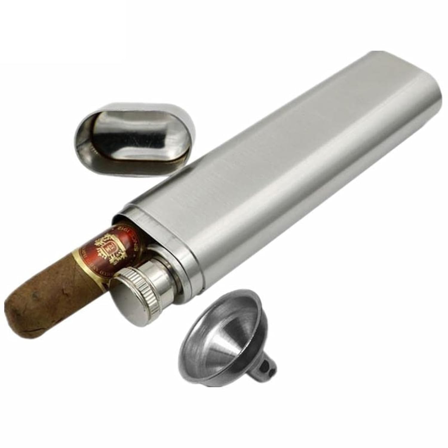 Stainless Steel 1-Finger Cigar Case with 2oz Tube Flask Metal Cigar Tube Pock…