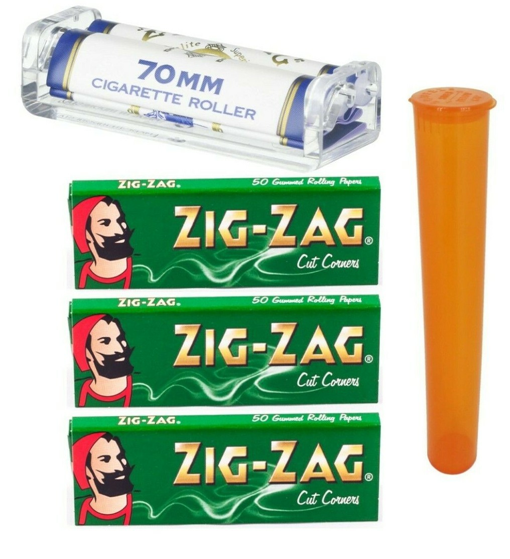 Zig Zag 70mm Roller, 3 Packs Green Cut Corners, Doobie Tube USA Shipped