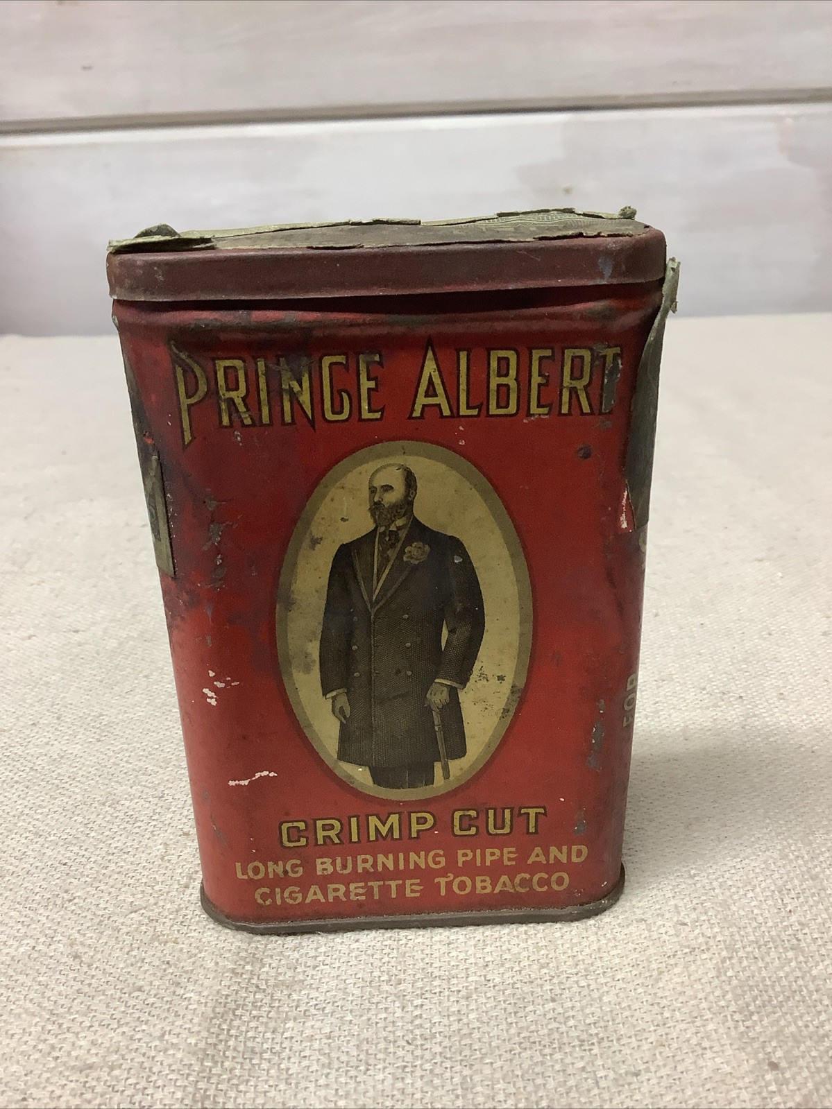 Vintage Prince Albert Crimp Cut Tobacco Tin Red Pipe Cigarette Advertising
