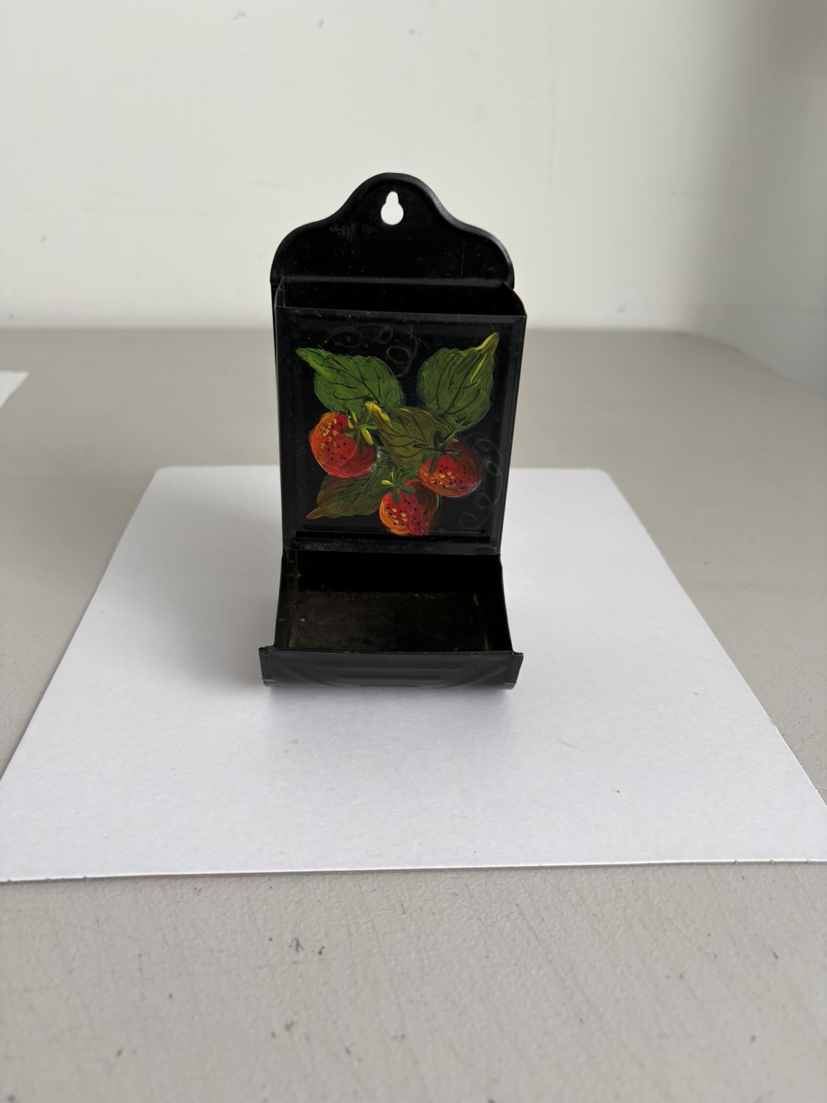 Vintage Tin Strawberry Painted Match Box Holder