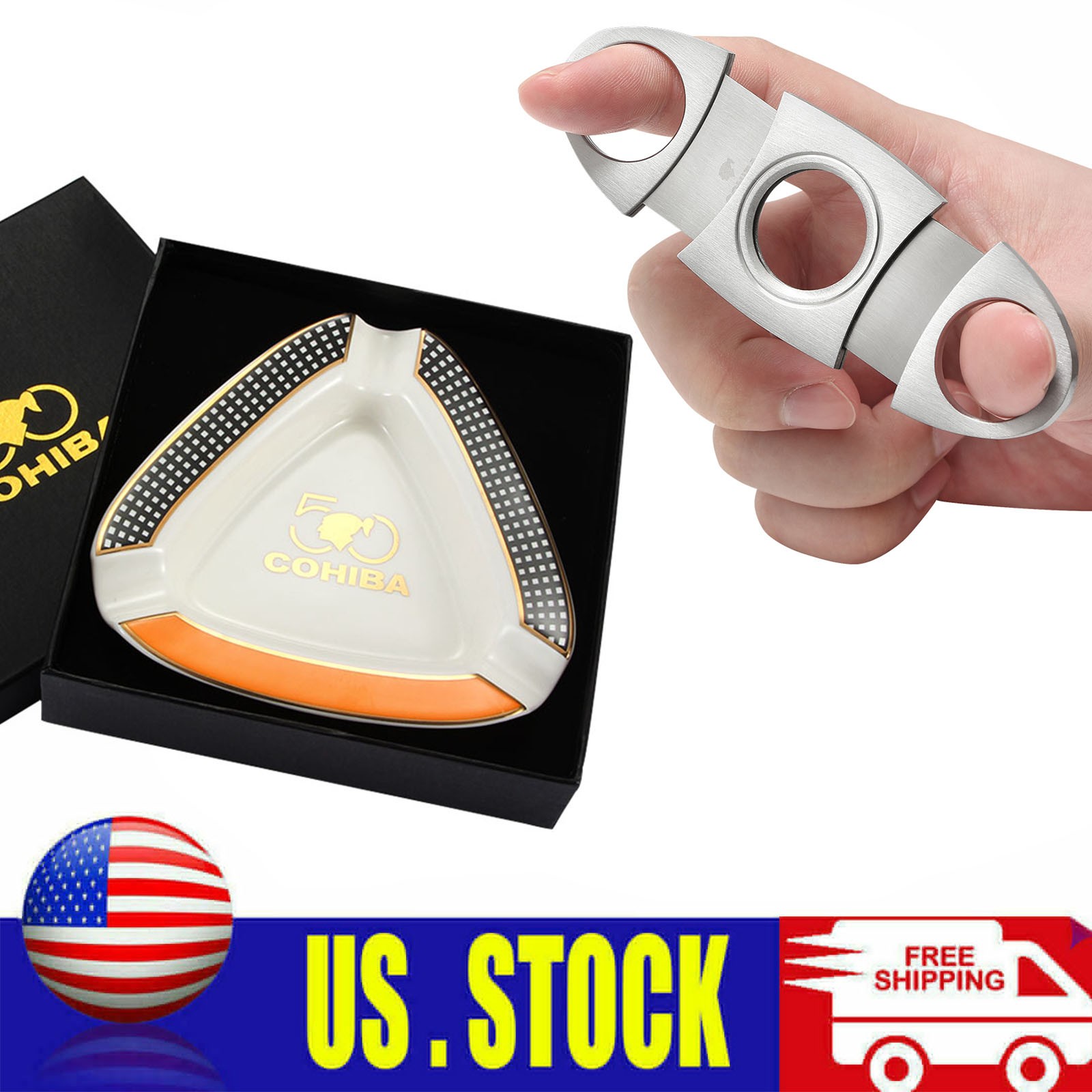 Galiner Ceramic Cigar Ashtray 3 Holder Stainless Steel Cigar Cutter Guillotine