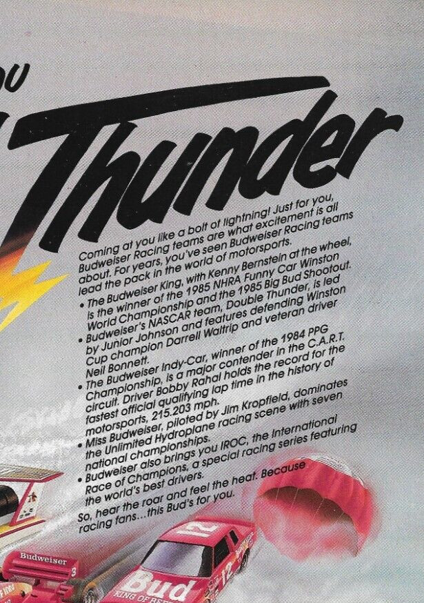 1986 Budweiser Print Ad “BUD THUNDER” NASCAR, NHRA, INDY RACING RACING TEAMS