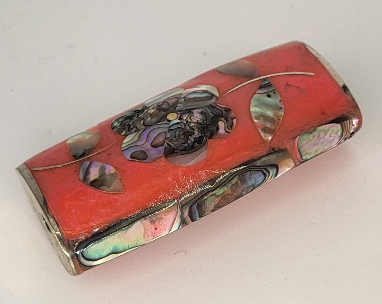 MEXICO ALPACA SILVER ORANGE ABALONE SHELL FLOWER INLAY BIC LIGHTER HOLDER CASE