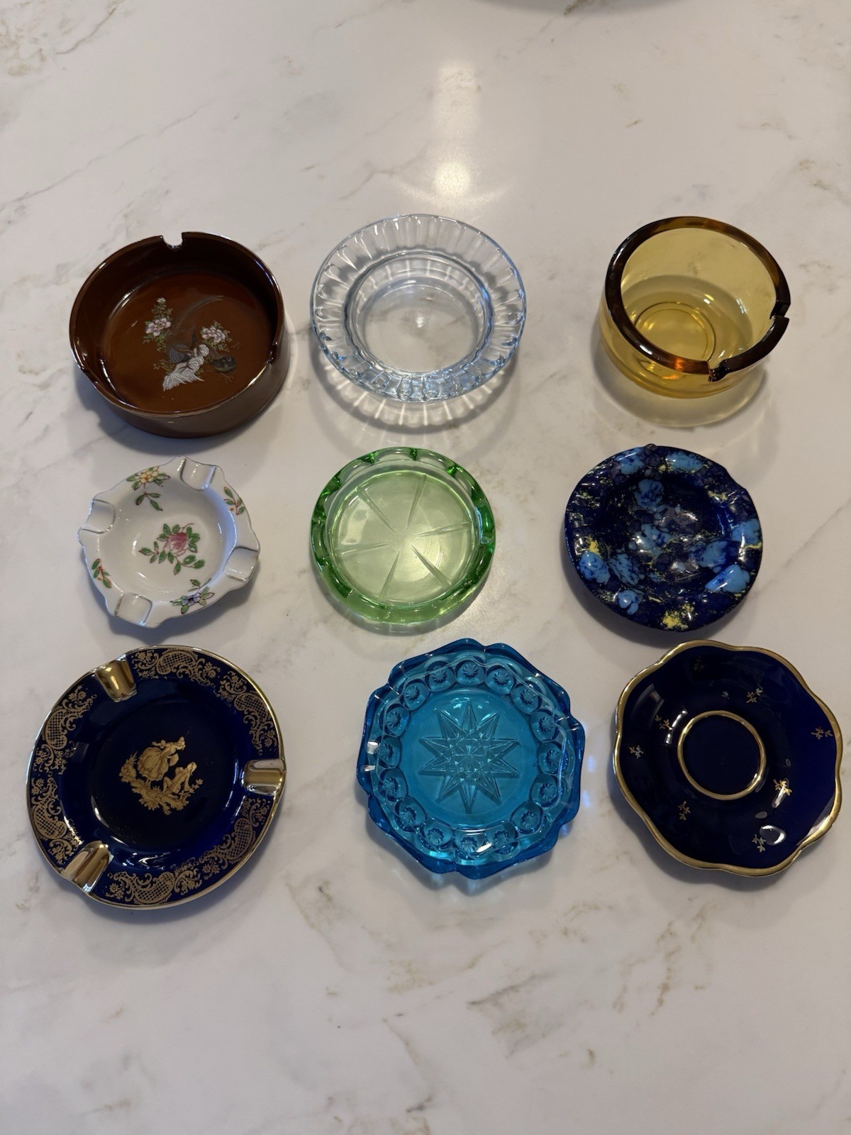 VTG Cigarette Cigar Ashtray Lot of 9 Amber, Green, Blue, Clear, Glass Porcelain