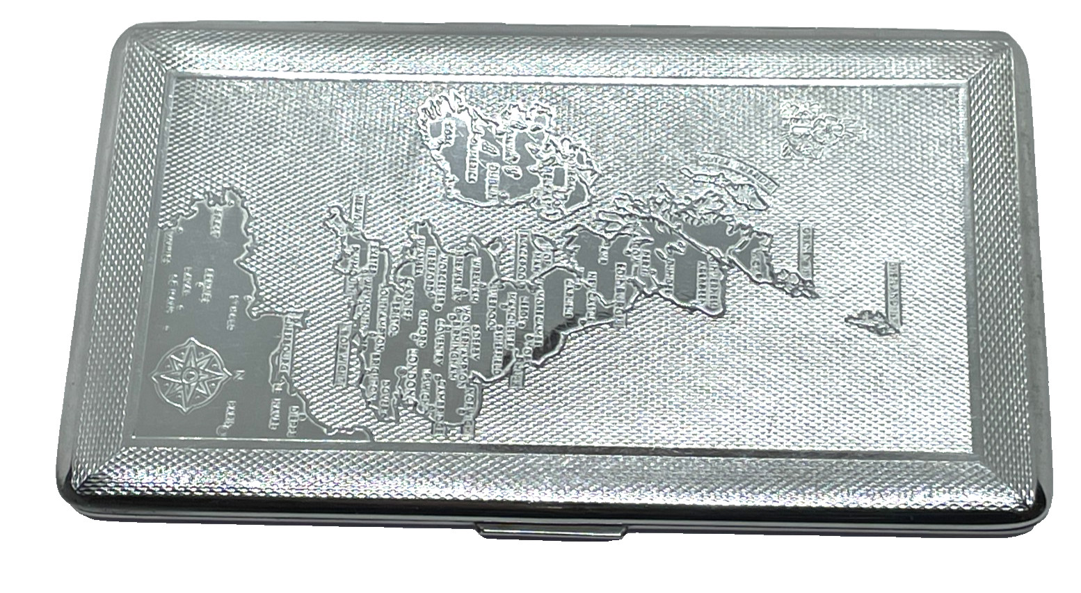 VTG MAYELL Silver/Chrome Cigarette Case Map England Ireland Scotland France UK