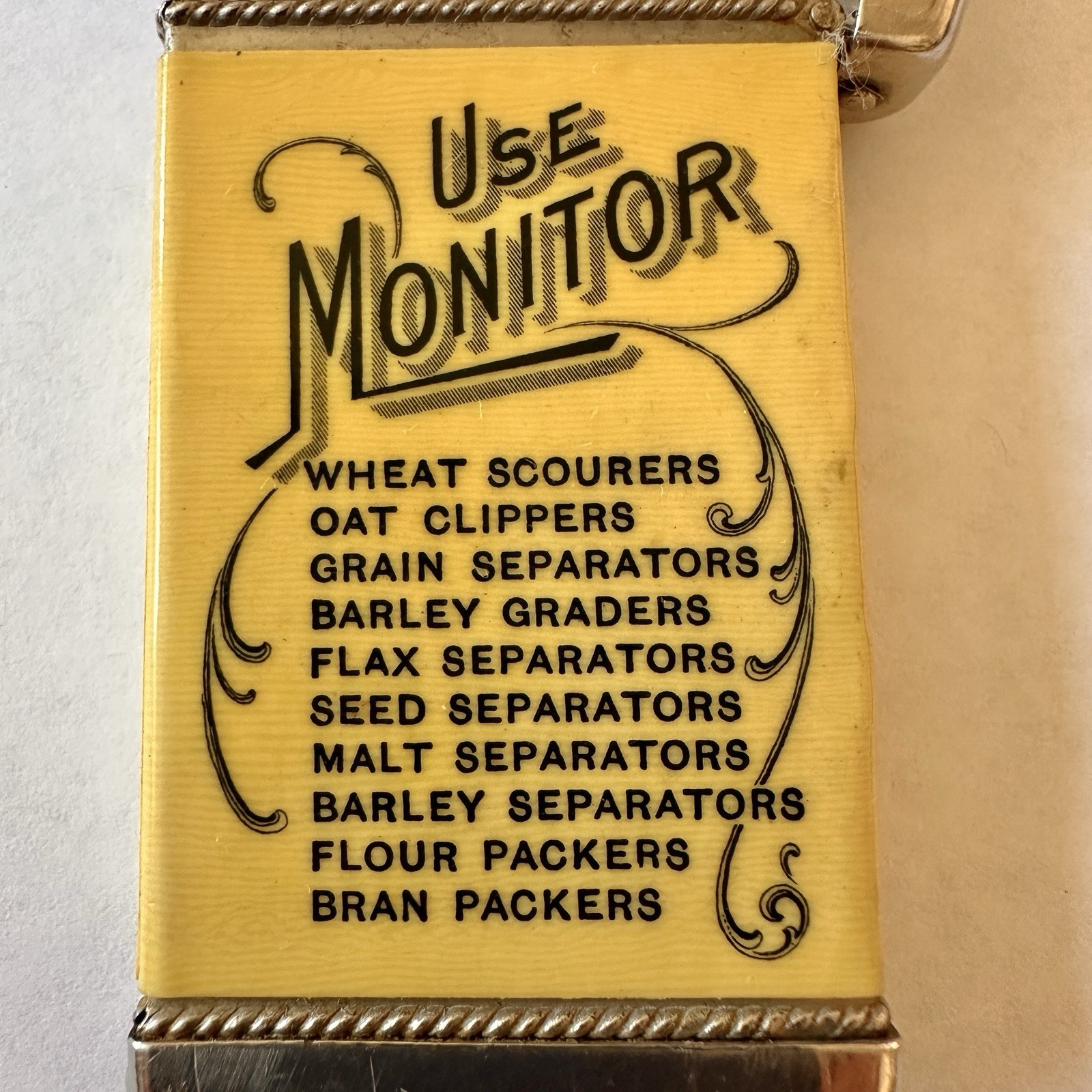 c191O MONITOR Huntley MFG Celluloid Pocket Advertising MATCH SAFE Whitehead Hoag