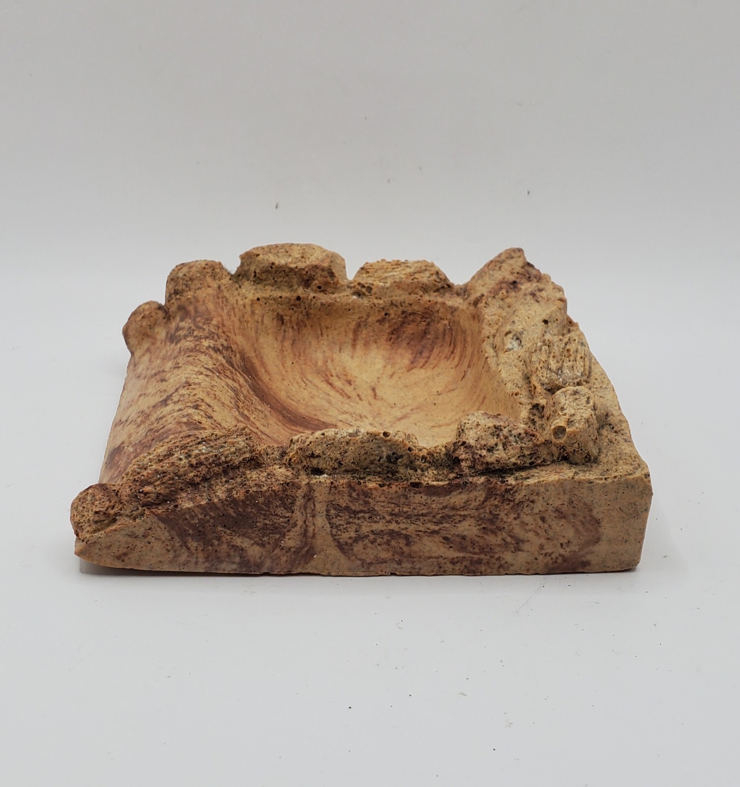 Vintage Handmade SandStone Pottery Brown Beige Stone-shaped Ashtray 4.5 × 5 In