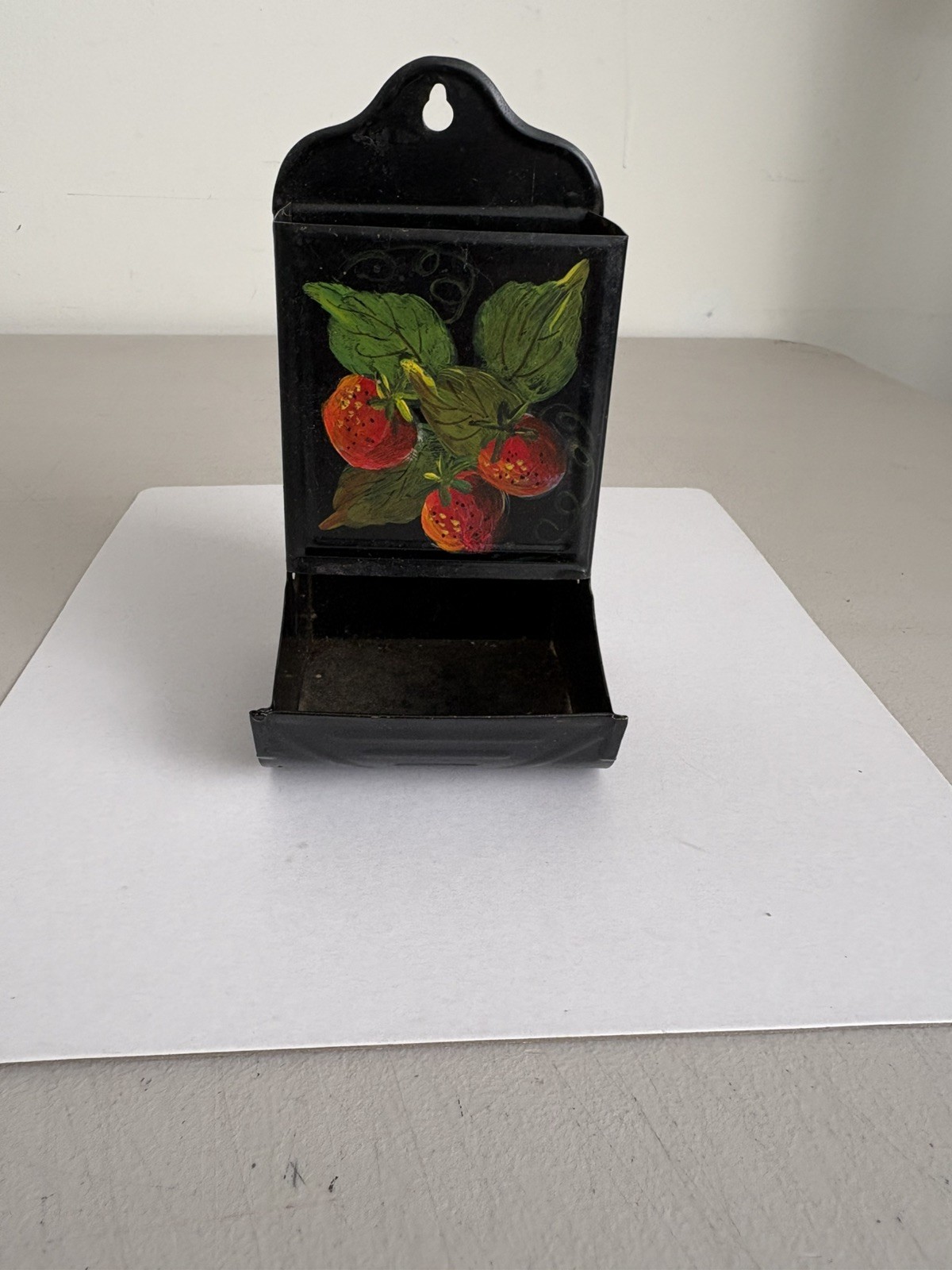 Vintage Tin Strawberry Painted Match Box Holder