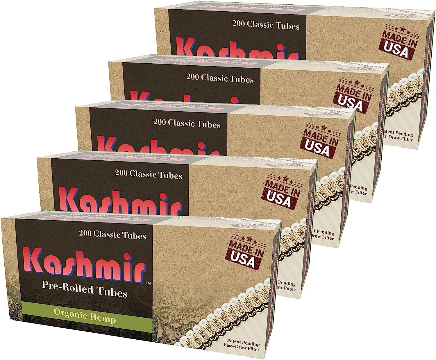 Kashmir Cigarette Tubes Organic Hemp Classic Pre-Rolled 5 Pack of 200 Tubes