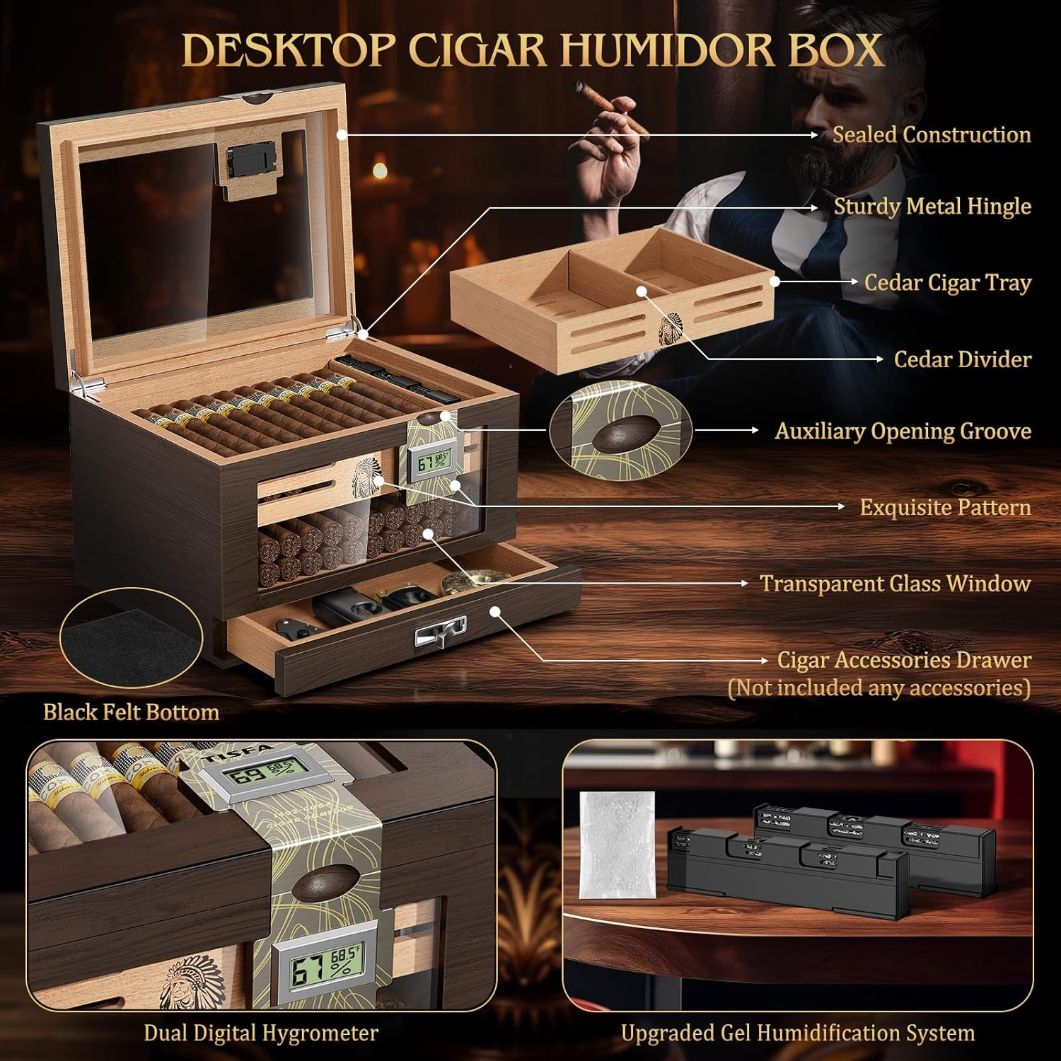 Cigar Humidor Cedar Wood Box Digital Hygrometer Case Set Sun