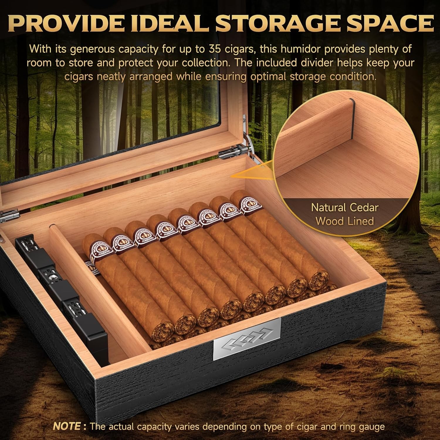 Cigar Humidor, Cedar Wood Desktop Humidor Box with Digital Hygrometer, Adjustabl