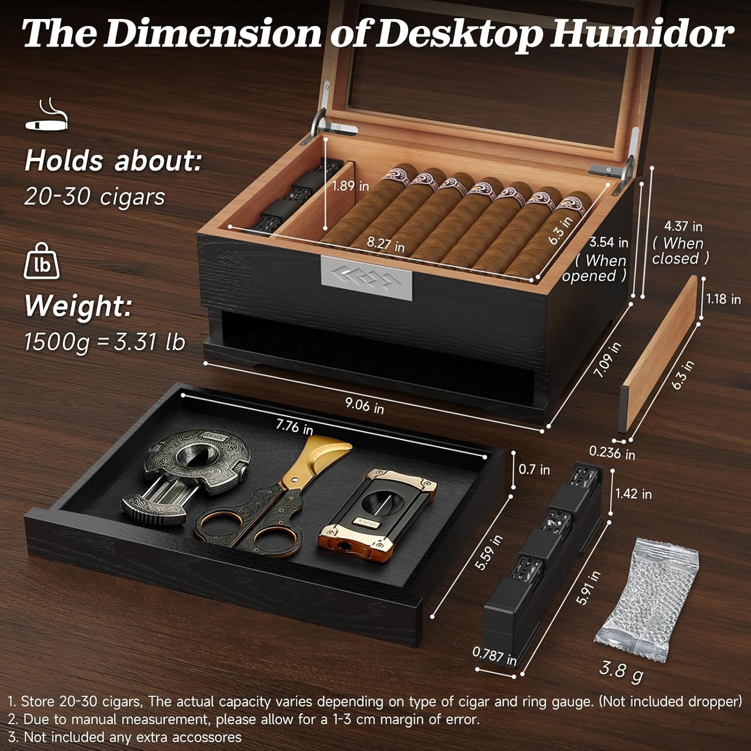 Cigar Humidor, Cedar Wood Desktop Humidor Box with Digital Hygrometer, Adjustabl