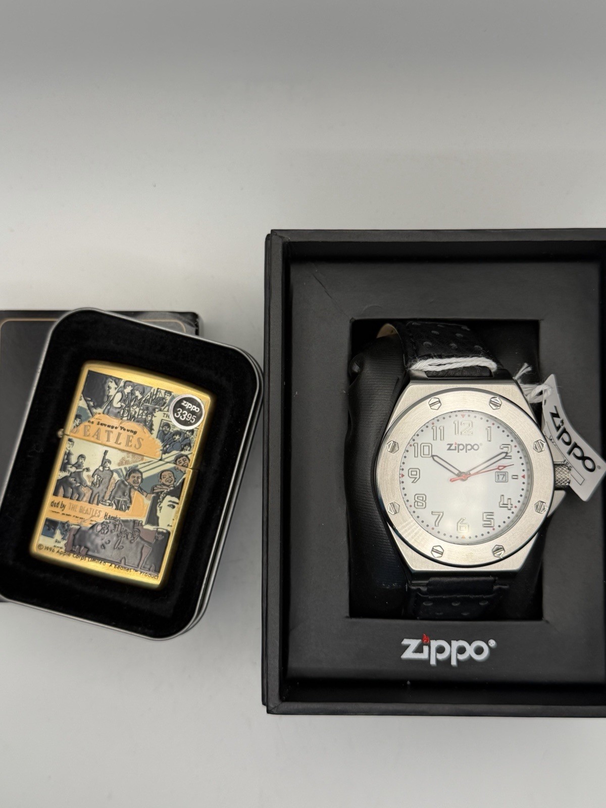 Vintage 1997 The Beatles Anthology Brass Zippo Lighter W/ Casual Men’s Watch