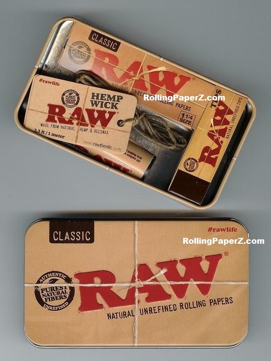 RAW Classic 1 1/4 Rolling Papers with Lighter, Hemp Wick, Tips and STORAGE TIN