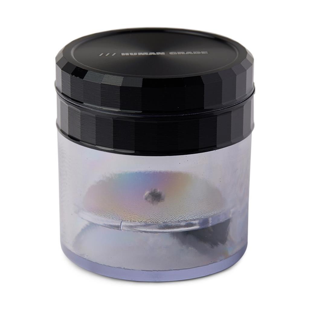 Human Grade Storage Grinder 4 Pc 2.5″ BLACK Aluminum Clear Plastic w Screen