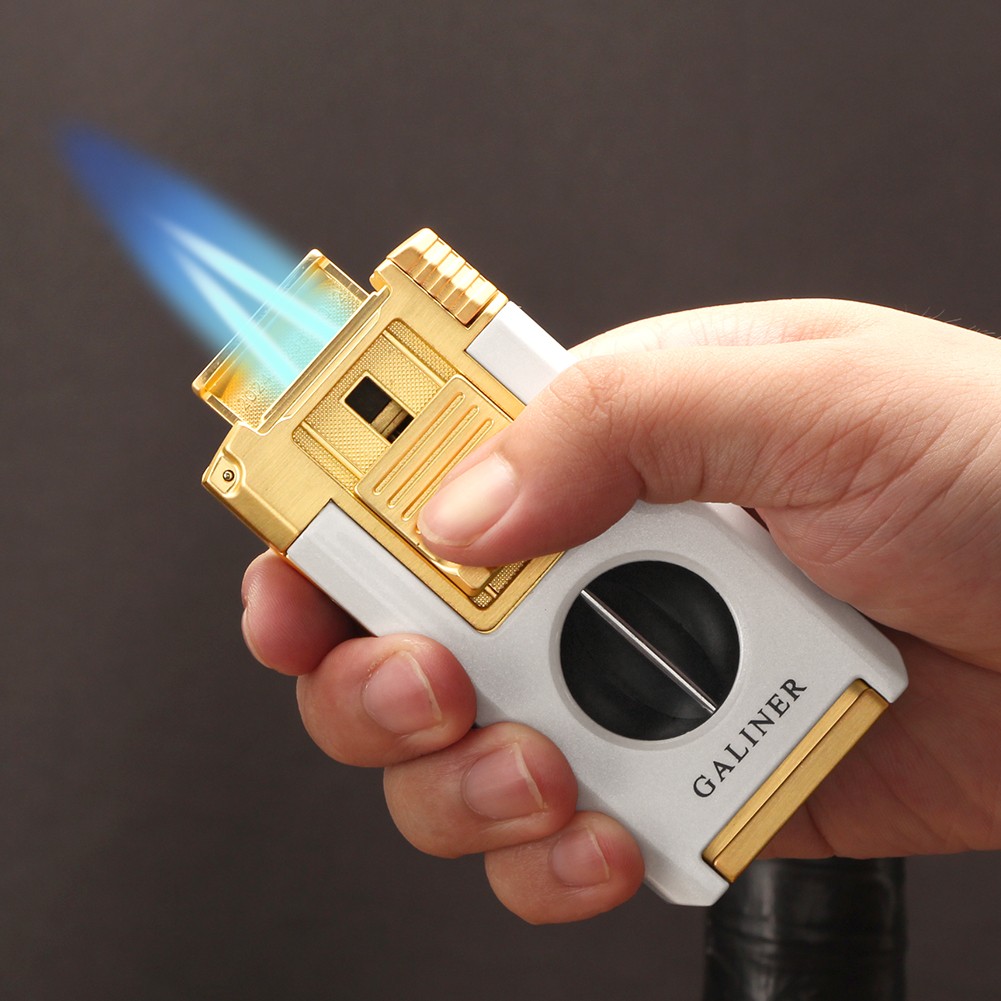 Windproof Metal Cigar Lighter 3 Jet Flame Torch W/ Punch Refillable Gas Cohiba