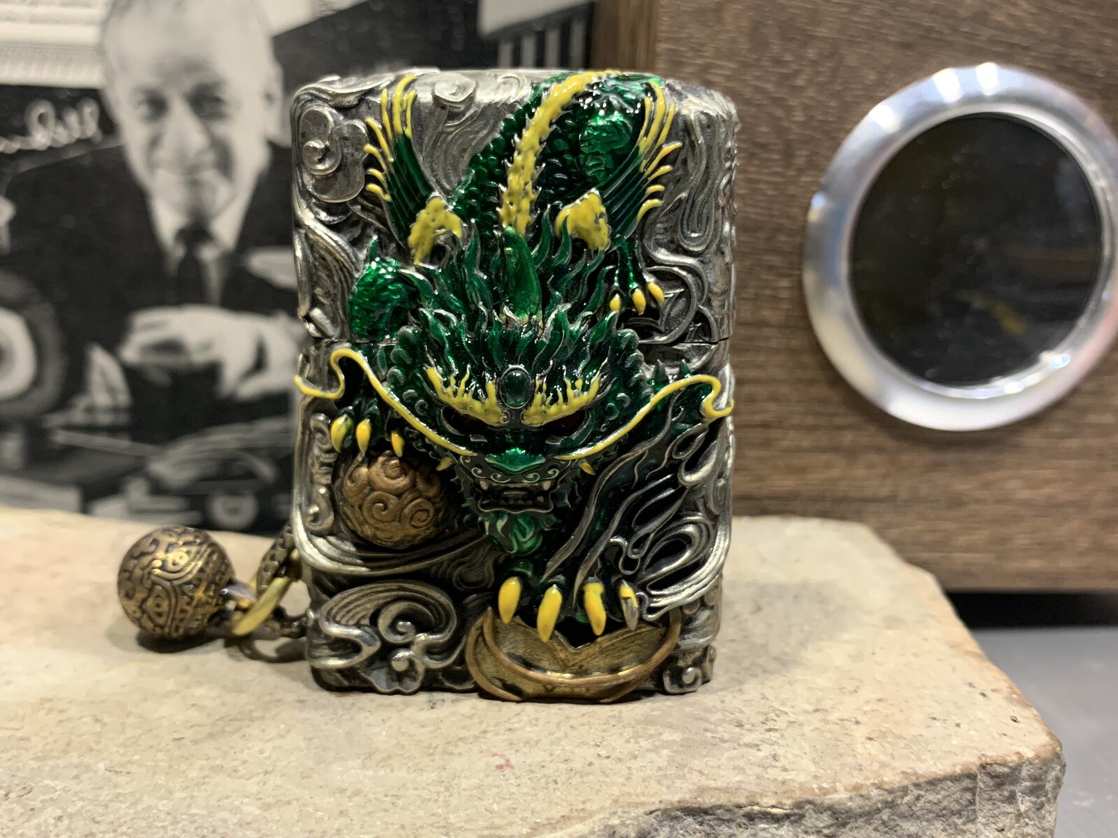 Zippo Dragon silver & green Zippo Lighter Heavy New In Wood Box