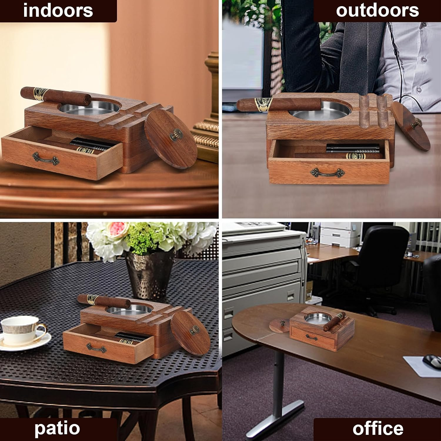 Cigar Ashtray Wooden Box – Windproof Lid, Stainless Steel Removable Bowl, Cigar