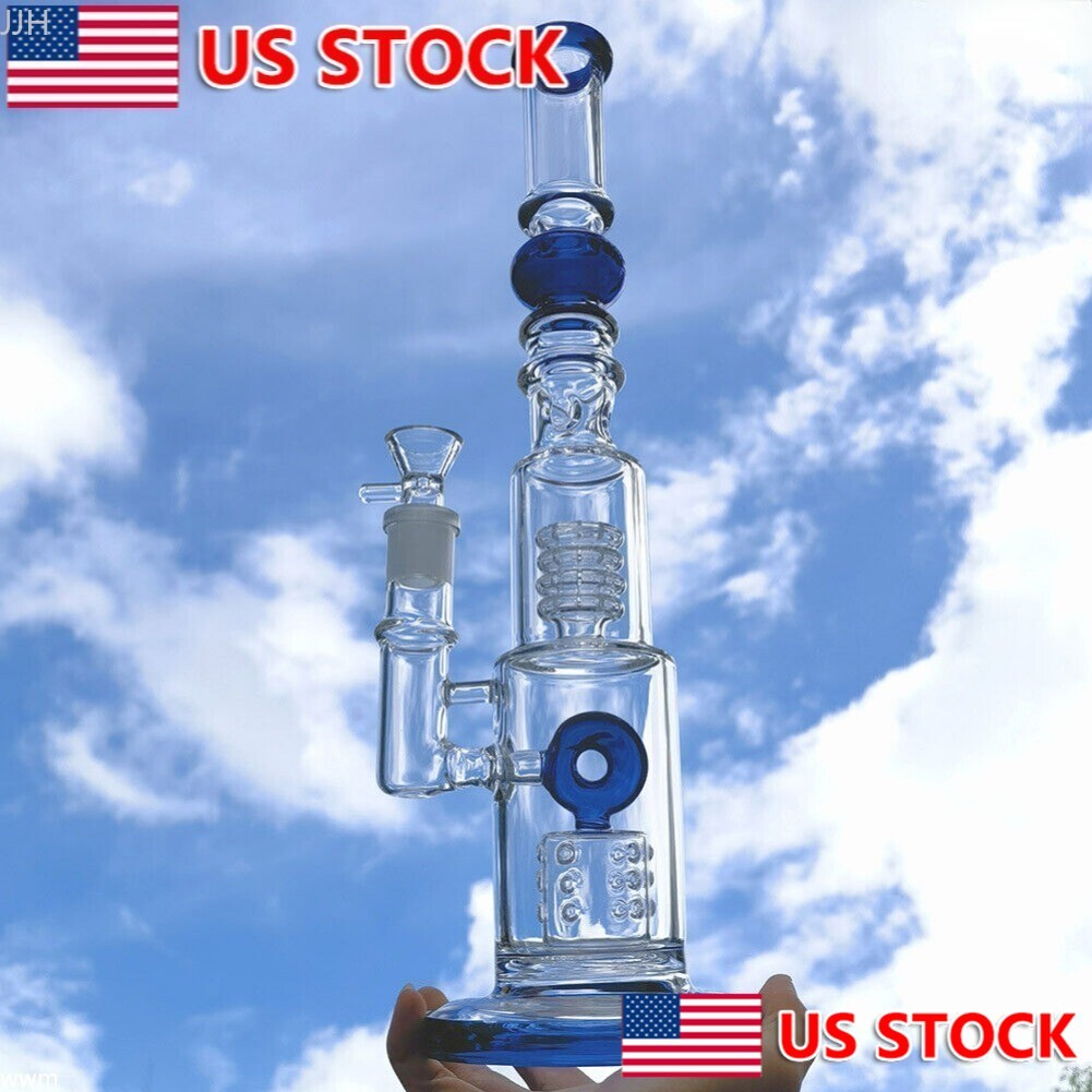 US 15″ Heavy Smoking Glass Bong Two Perc Big Hookah Blue Glass Water Pipe +Bowl