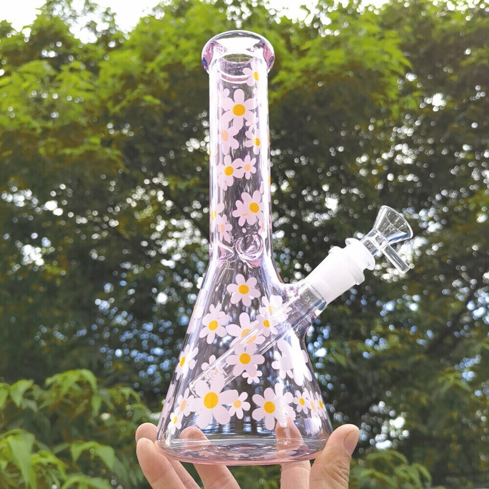 1X 10” Smoking Hookah Handcraft Pink Daisy Glass Bong Water Pipe +Glass Bowl US