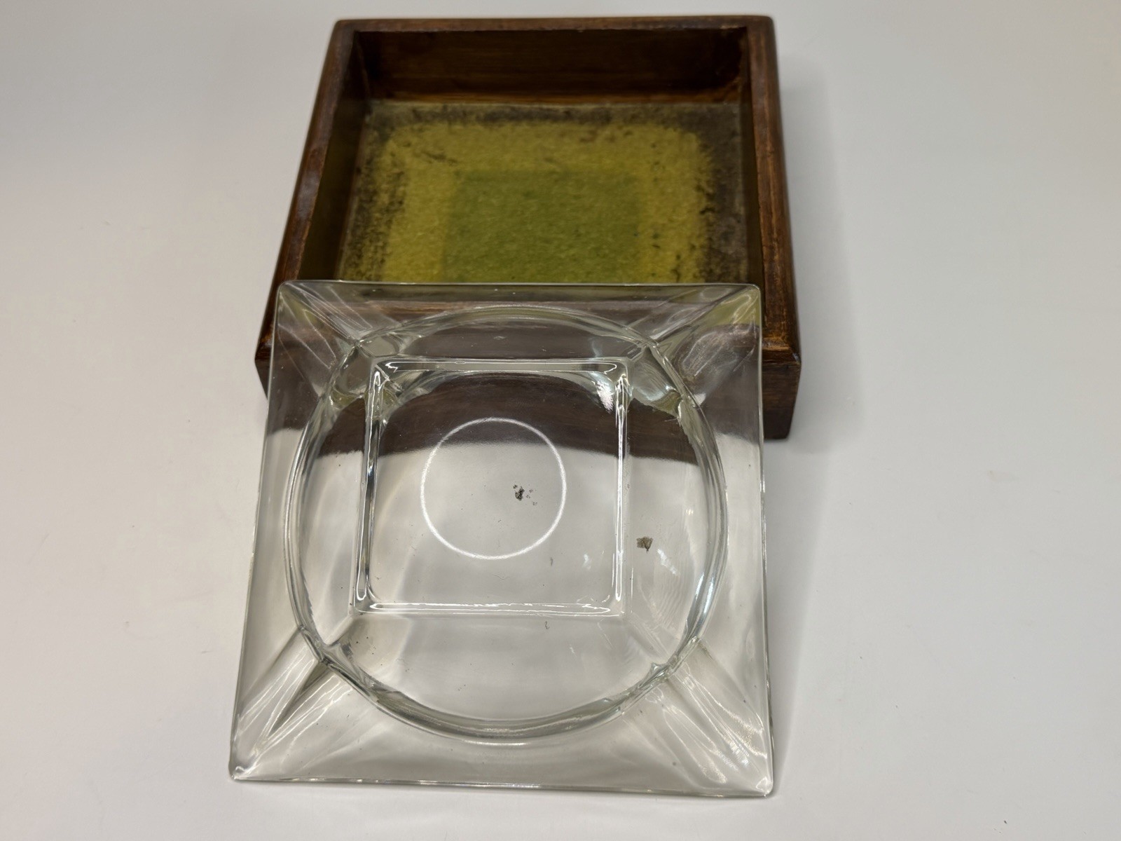 Vintage Heavy Square Clear Glass Insert Cigar Ashtray Wood Base