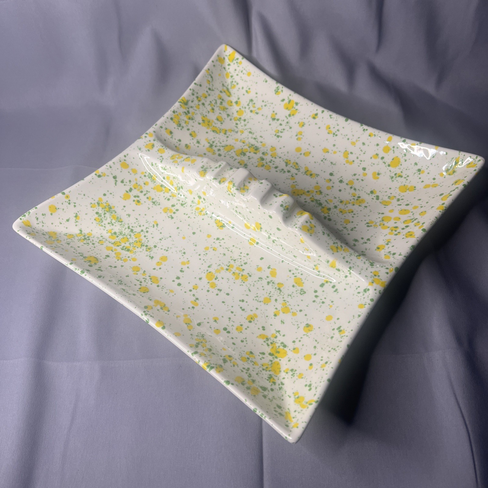 Vintage Large Mid Century Retro Ashtray Ceramic Green Yellow White Speckled MCM