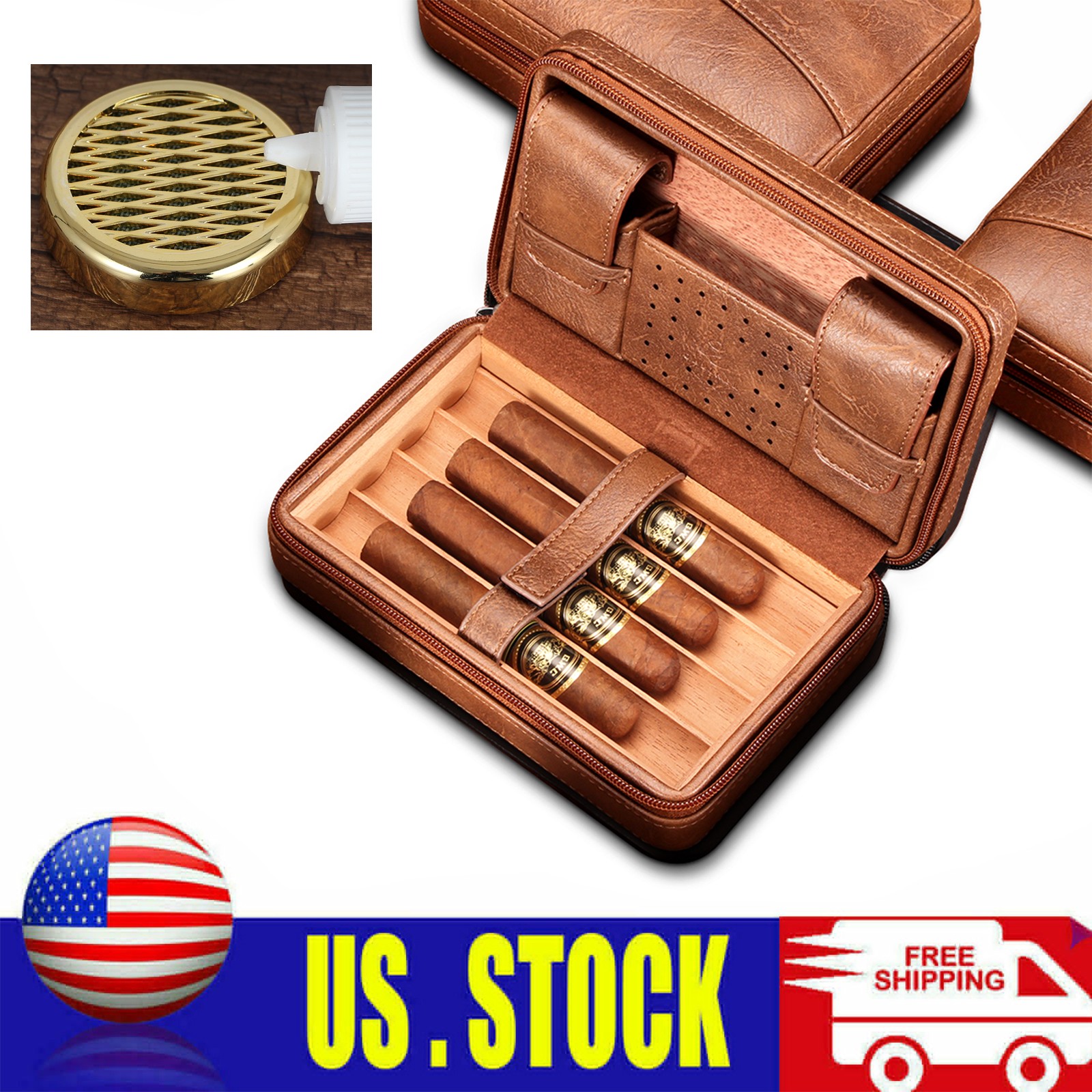 Galiner Travel Leather Cigar Humidor Case Cedar Wood Humidity Box Holder 4ct