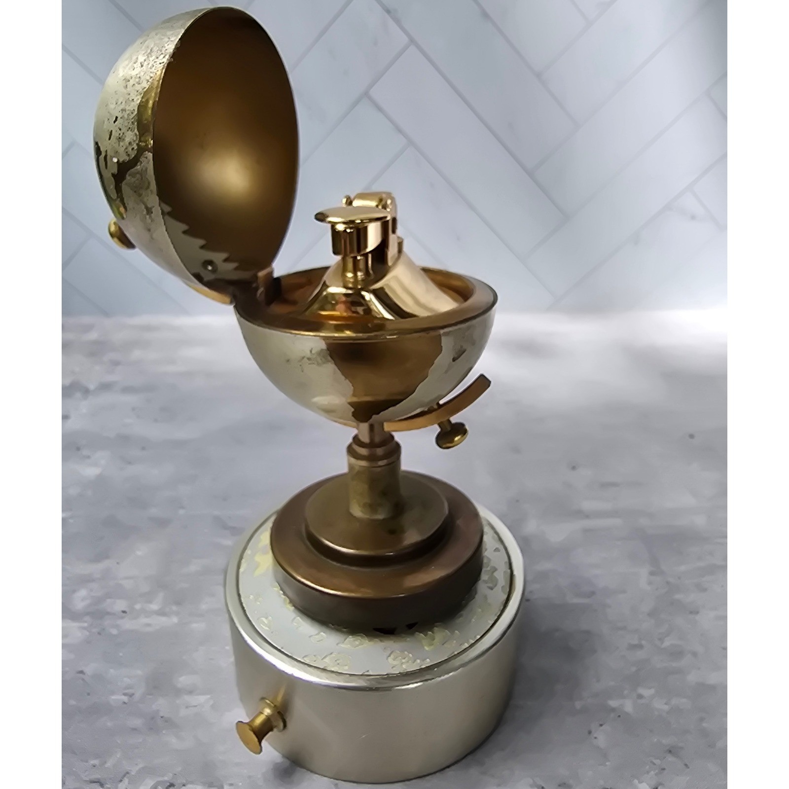Vintage Globe MCM Table Lighter Mid Century Modern Gold Silver Tone Metal READ