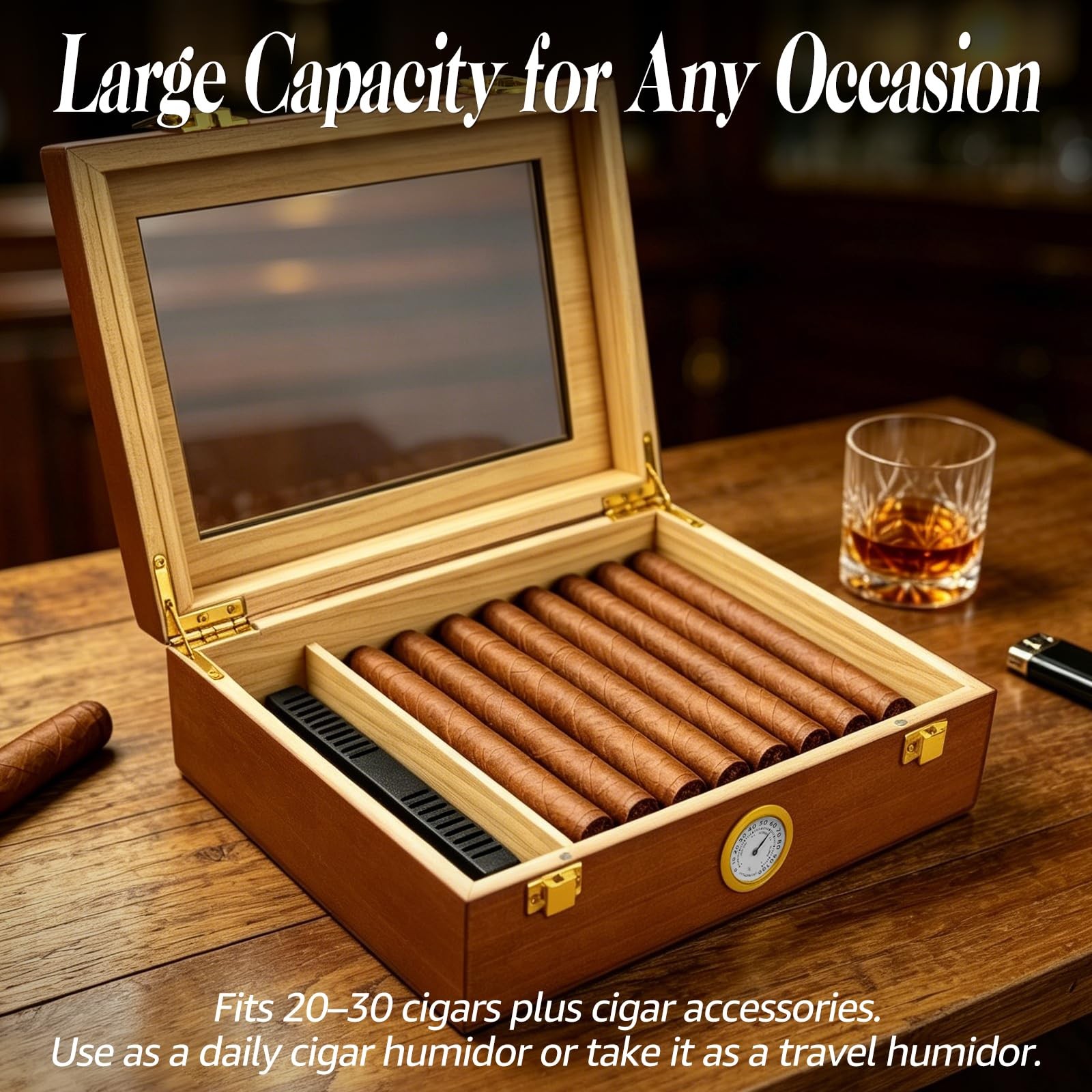 Brown Wooden Desktop Humidor Box, Hygrometer, Humidifier, Divider, 2030 Cigars