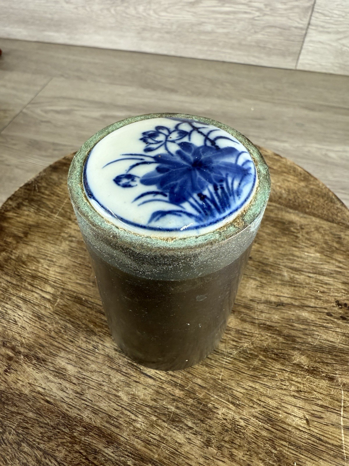 Vintage Brass Snuff Tobacco Jar with Hand Painted Blue Floral Delft Lid 3.5”