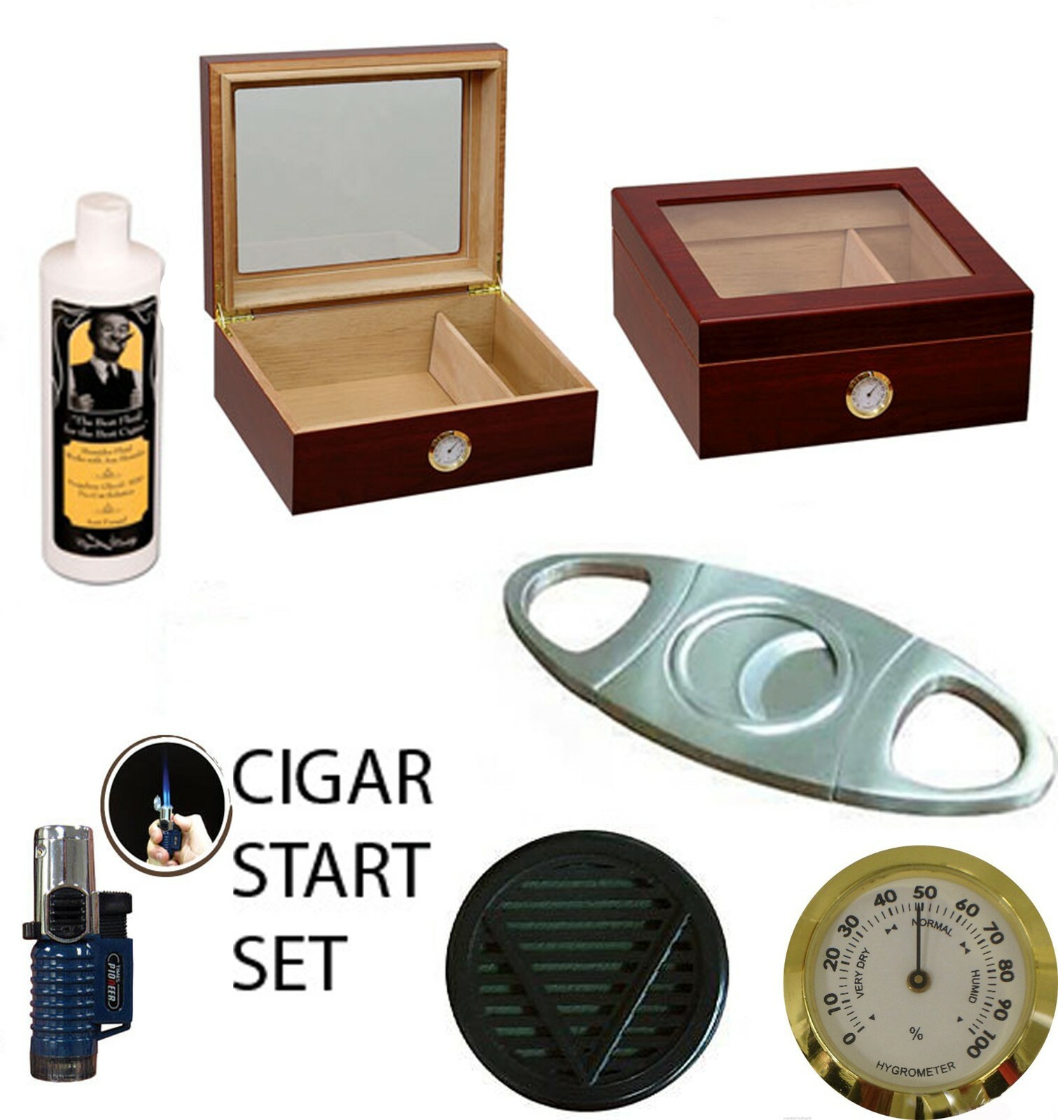 50 ct CIGARS HUMIDOR GLASS TOP GIFT SET LIGHTER CUTTER Cedar lined Cherry finish
