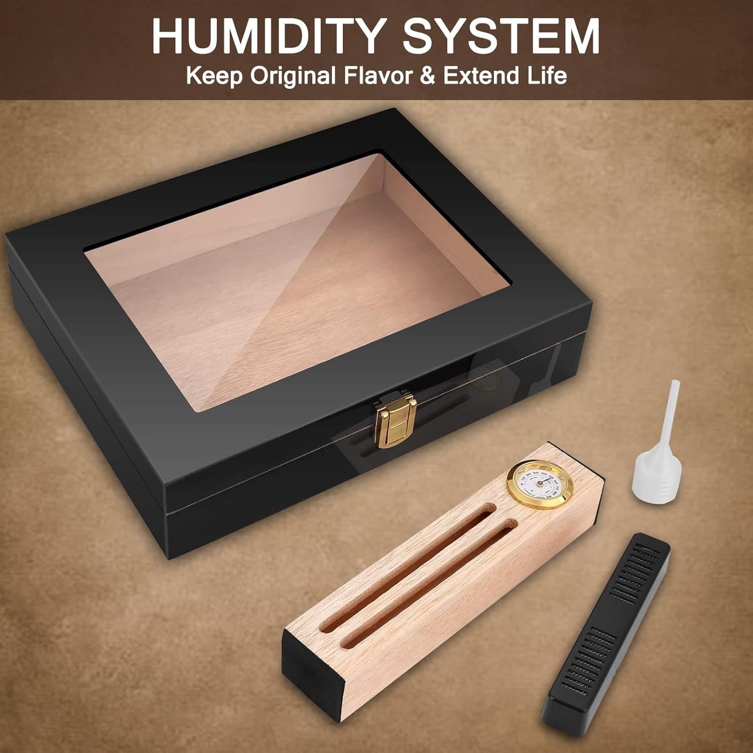 Cigar Humidor in High Gloss Black for 10-15 Cigars, Luxury Hygrometer Included
