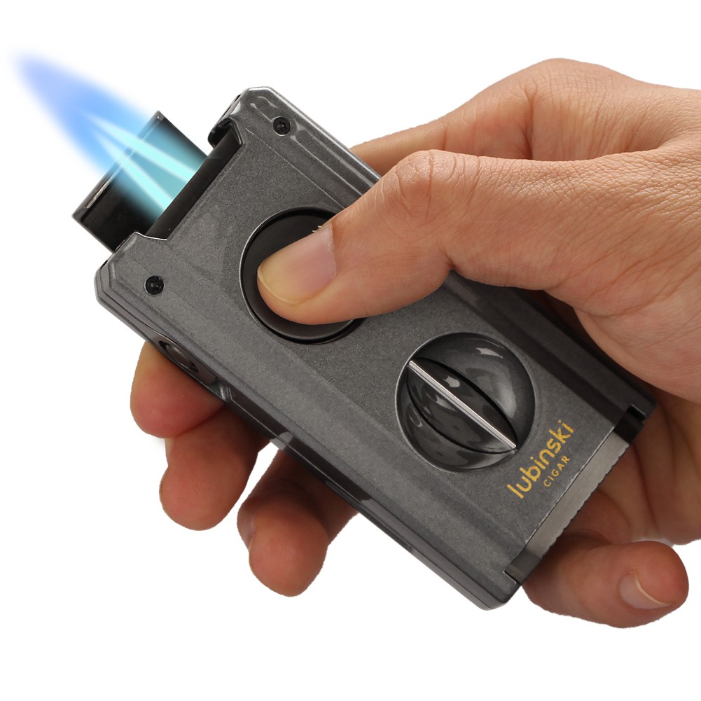 Lubinski Torch Cigar Lighter V-cut 2 Jet Flame Butane Cigar Punch Holder Needle