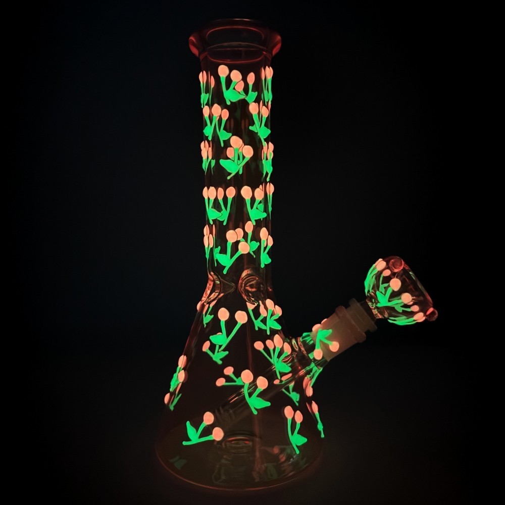 10″ Glow in the Dark Cherry Glass Bong Pink Beaker Water Pipe w/Bowl USA Stock