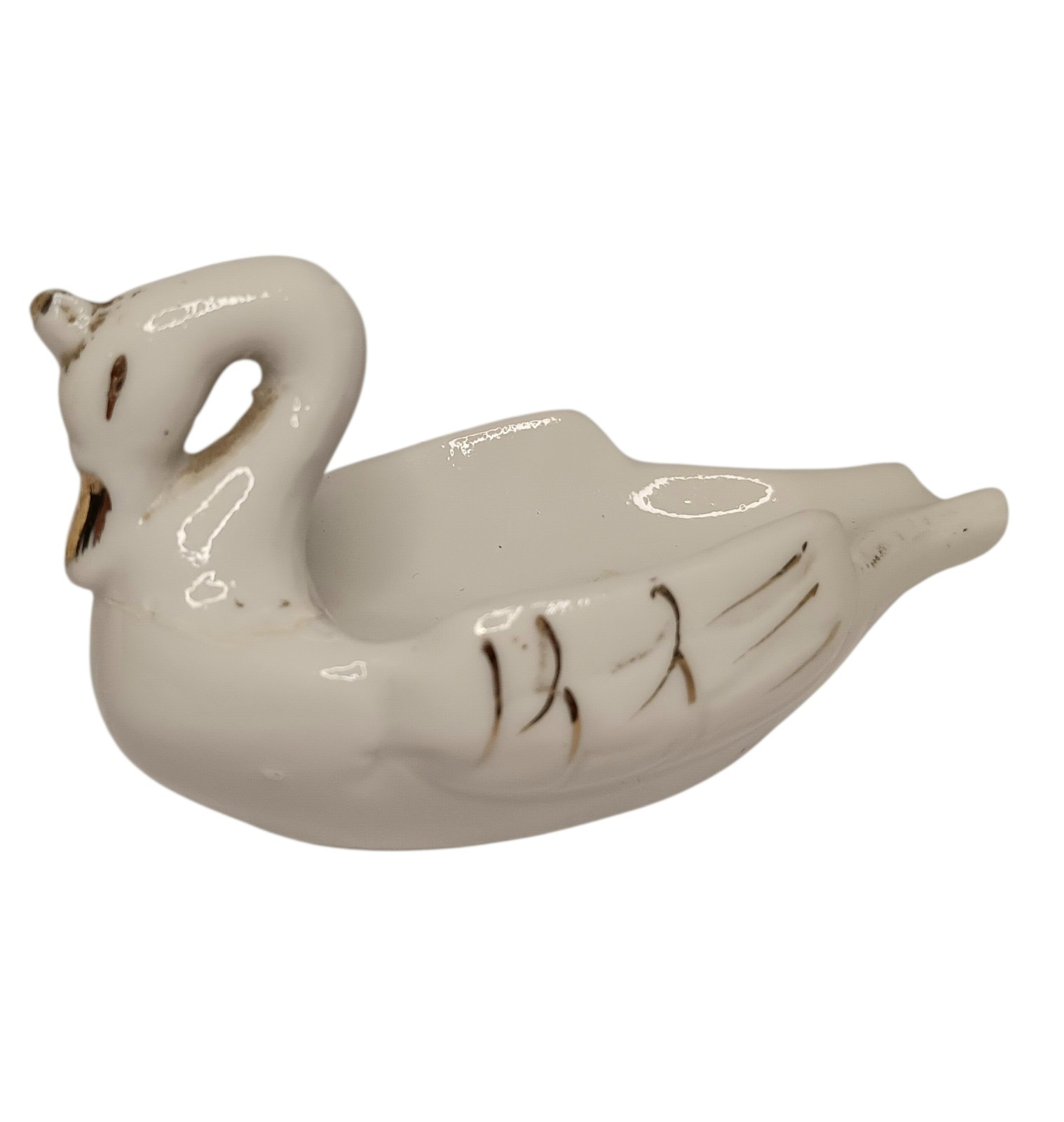 Vintage White Porcelain Swan Ashtray Trinket Dish Gold Trim Made In Japan 4″x2″