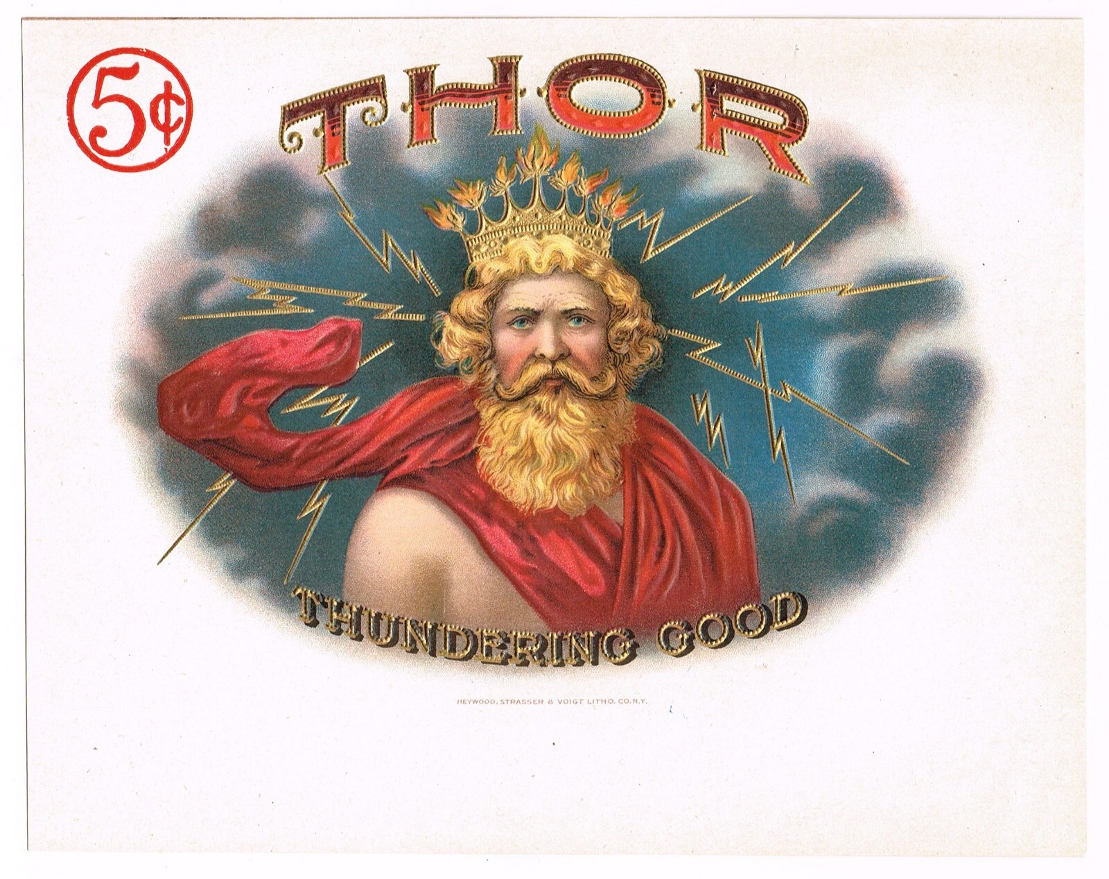 ORIGINAL CIGAR BOX LABEL VINTAGE C1900 THOR THUNDERING GOOD GOD OF THUNDER .05