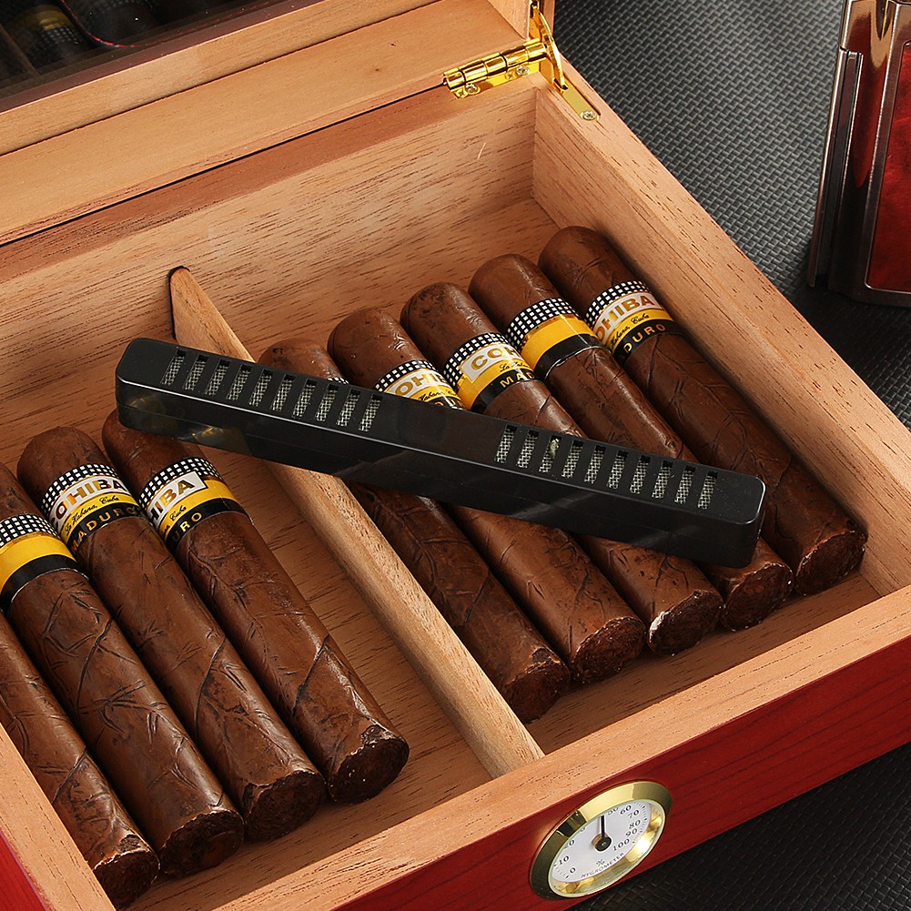 Red Holder 25 Cigar Humidor Storage Box Desktop Glasstop Humidifier Hygrometer