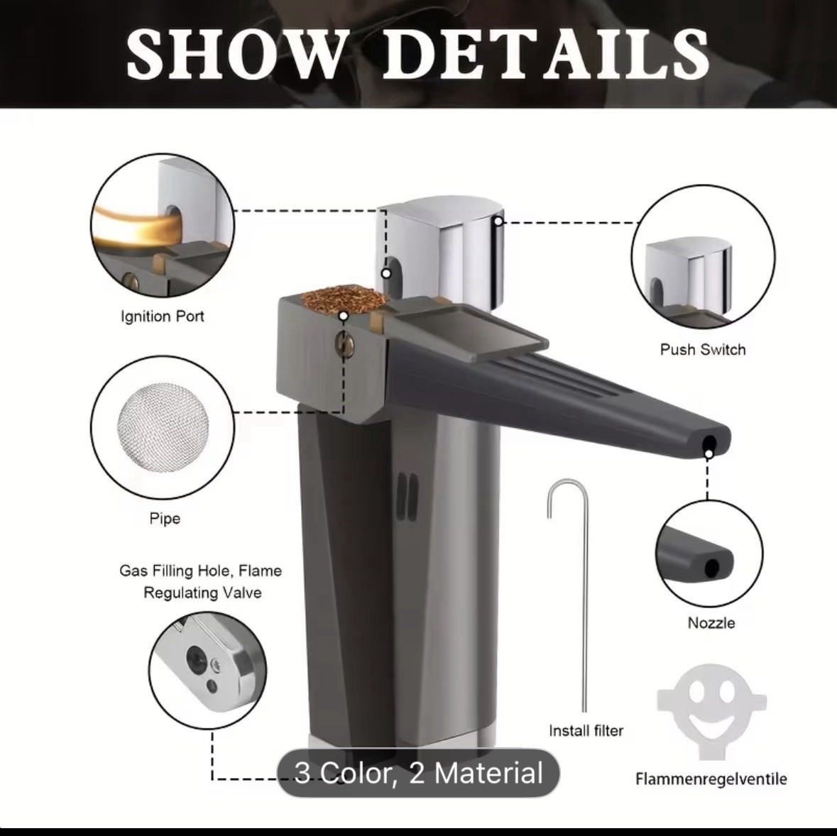 Refillable 2-in-1 Folding Pipe Lighter Adjustable Flame Metal Windproof