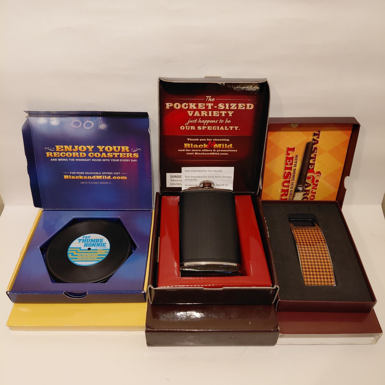 ==NEW== BLACK & MILD Cigars Promotional Lot ~ Flask, Bottle Opener & Coasters