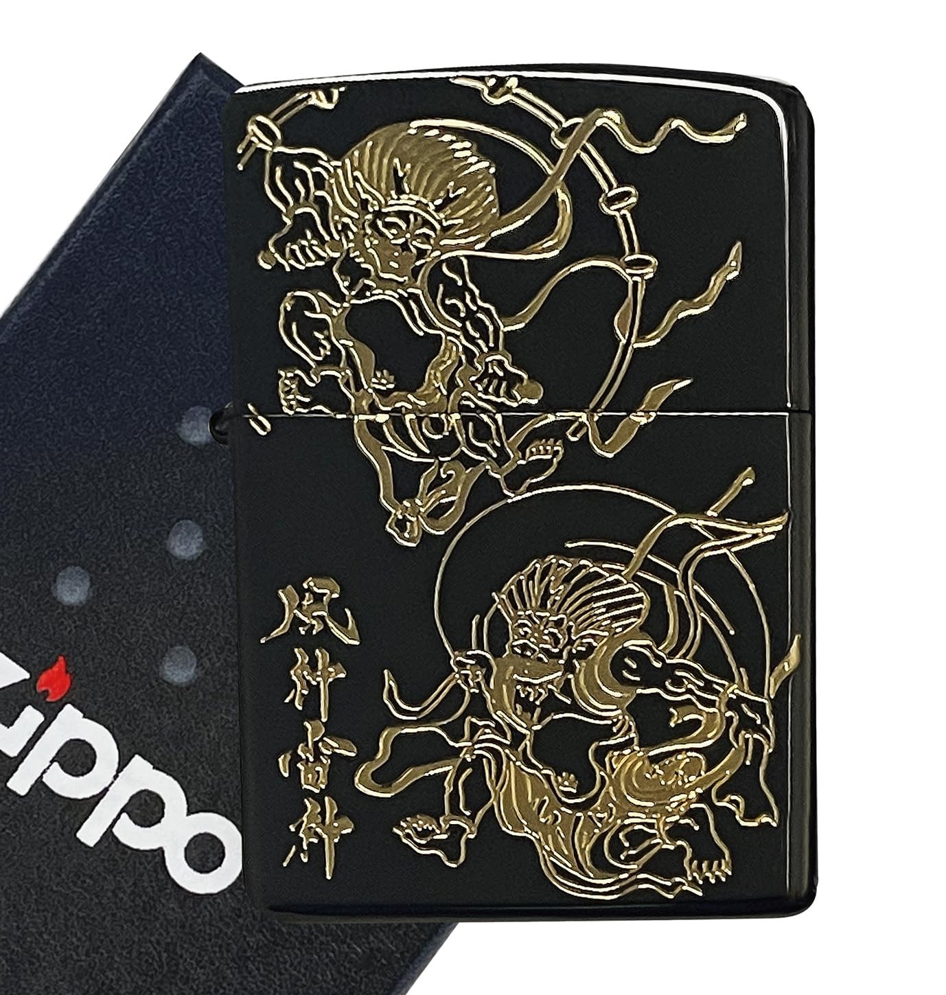 Japanese Fujin Raijin Zippo Lighter Wind God Thunder God Antique Black Gift Box