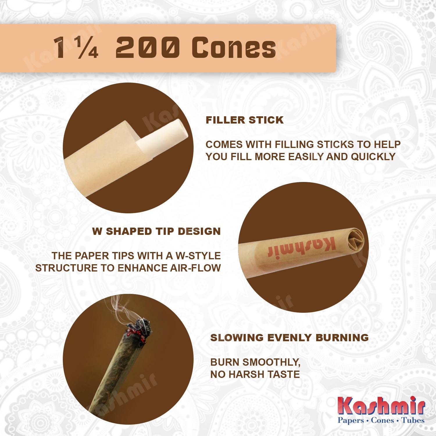 Pre Rolled Cones 1 1/4 Size Organic Unbleached Rolling Cones 200 Ct by Kashmir