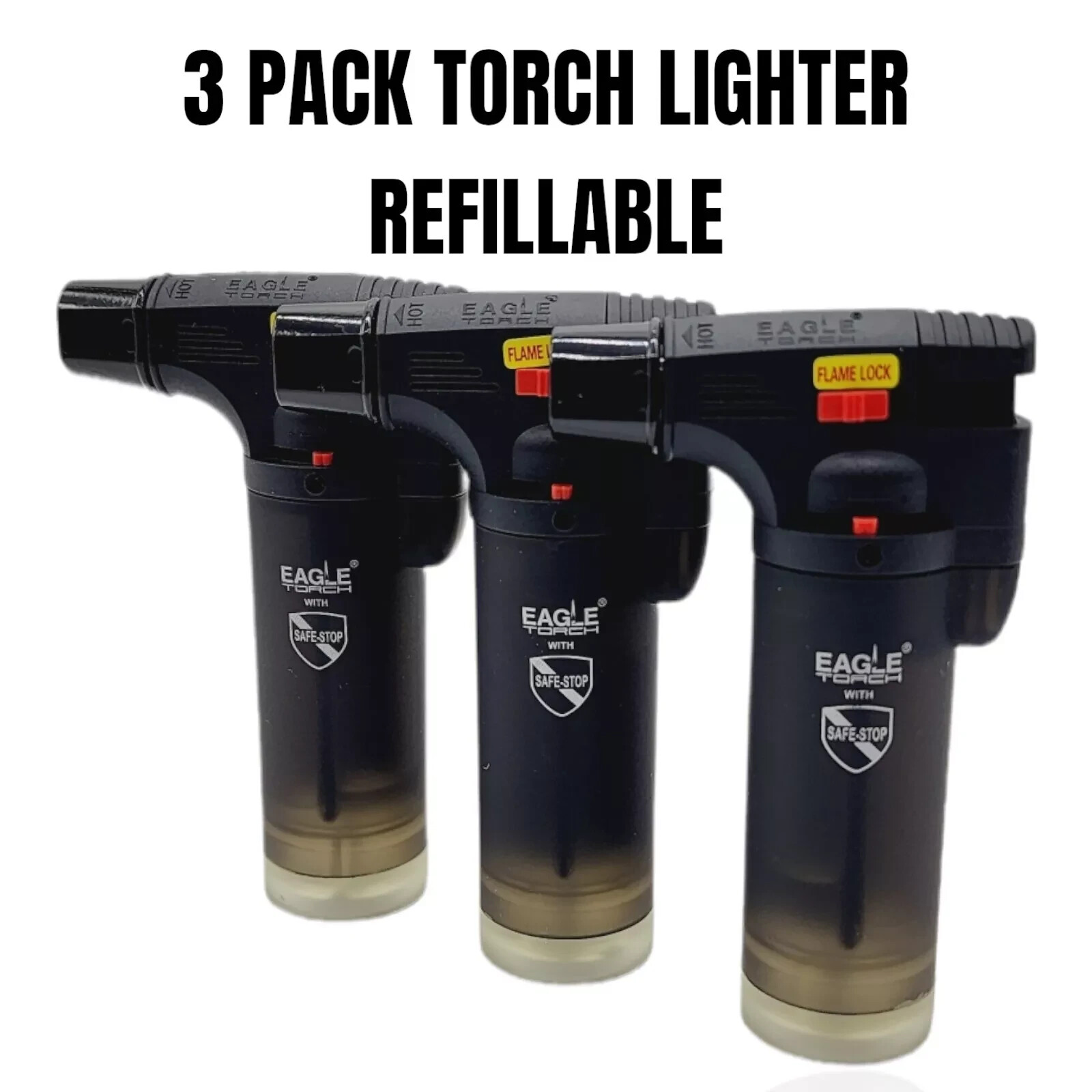 3 Pack BLACK Eagle Butane Torch Lighter Gun Windproof Adj Jet Flame Refillable