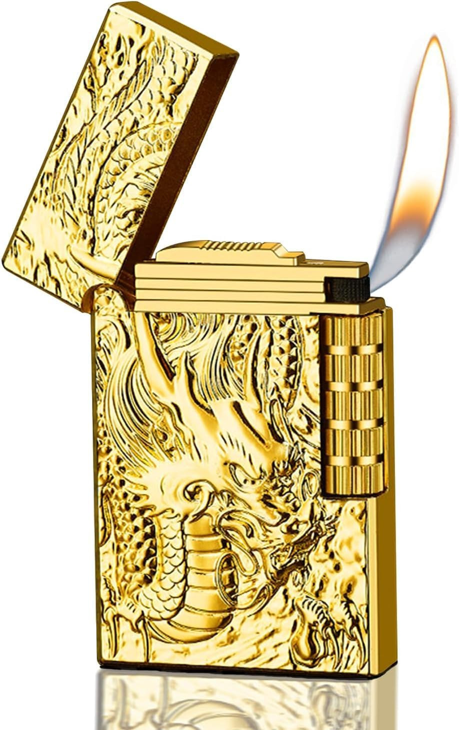 Dragon Butane Lighter, Refillable Lighter Soft Flame, Flip-Top Metal Gold Side W