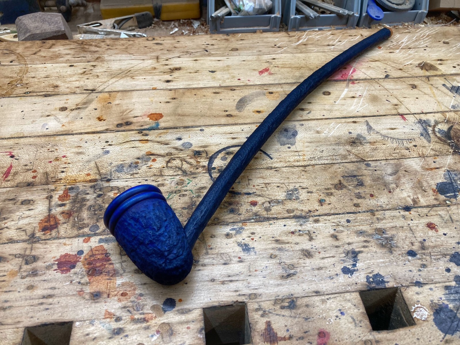Wizard Smoking Pipe Long Stem Tobacco Pipe Rustic Black and Blue with Rings