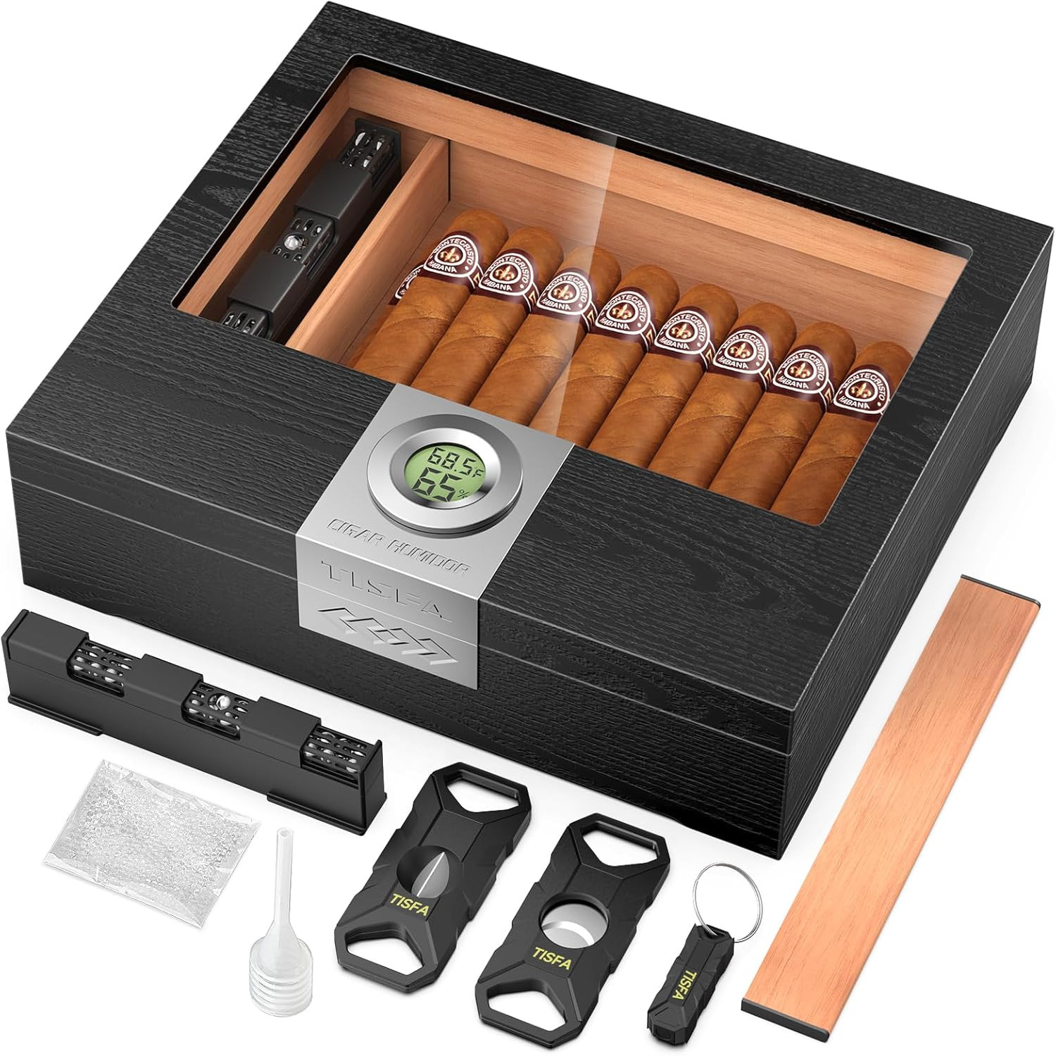 Cigar Humidor, Cedar Wood Desktop Humidor Box with Digital Hygrometer, Adjustabl
