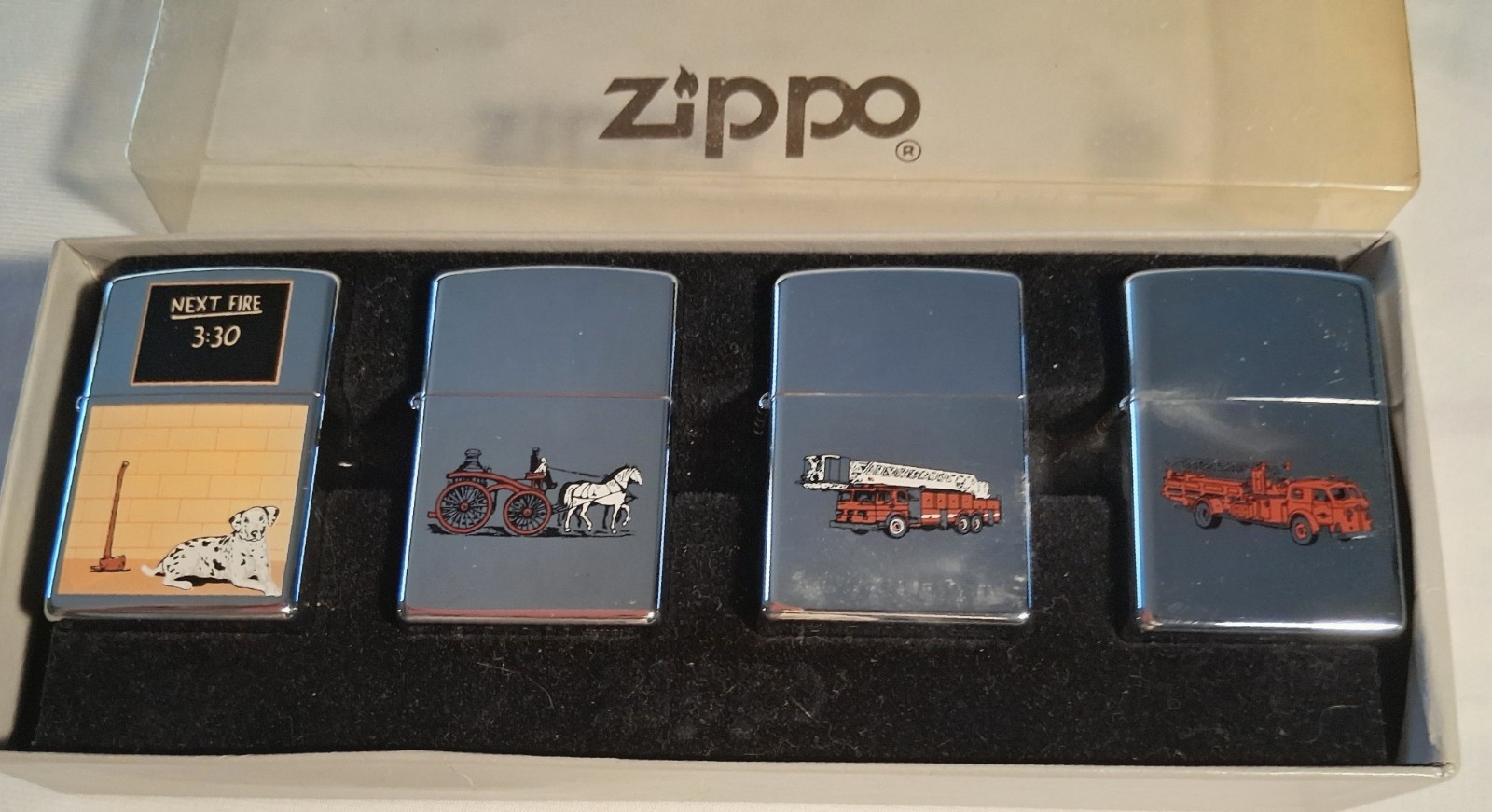 Zippo Lighters New Set 4 Firefighter Related Aerial Pumper Dalmatian Steam NIB